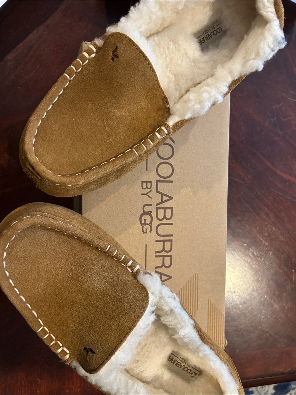 Koolaburra Kids Chestnut Brown Suede Moccasin Slippers with Shearling